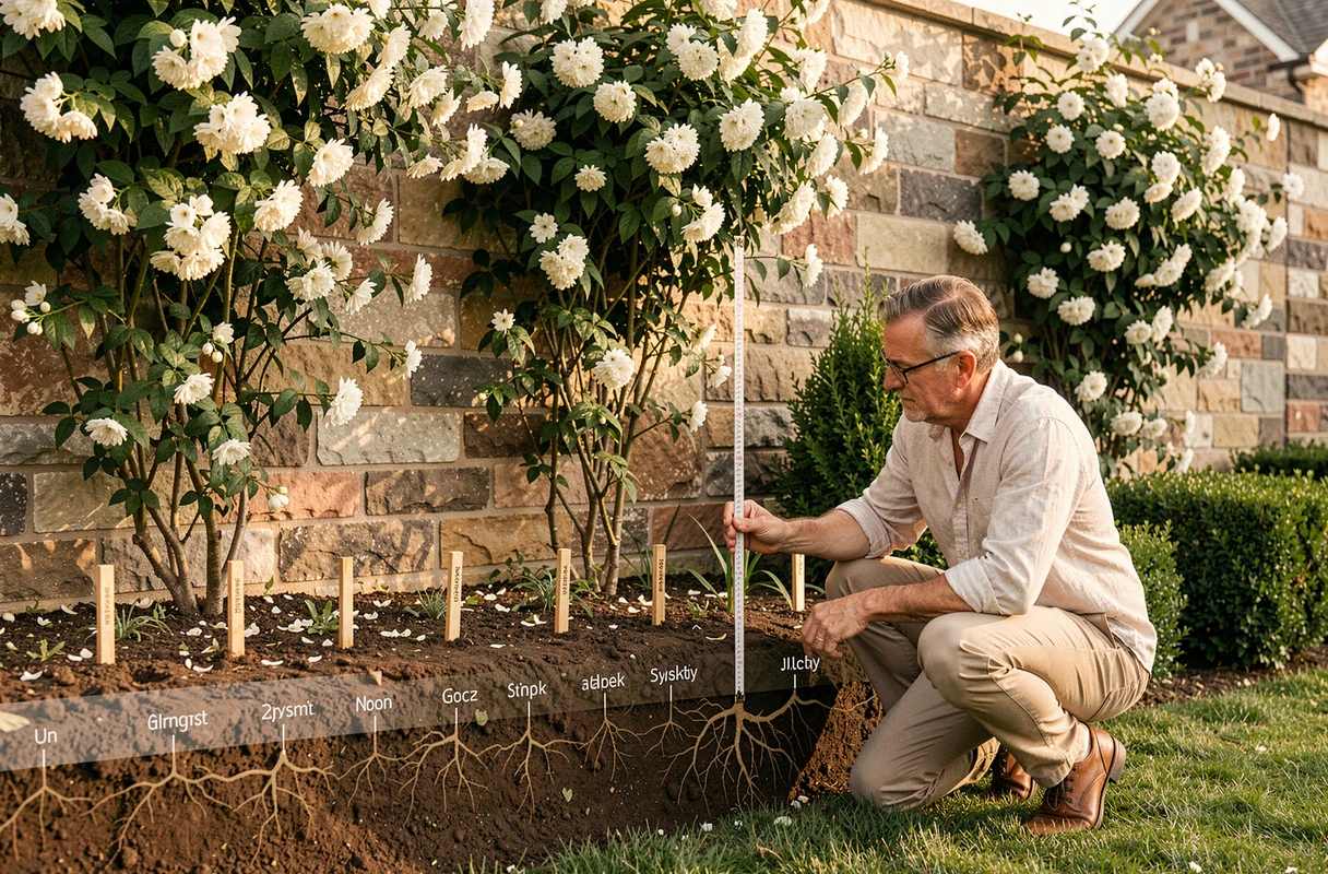Homme mesurant la profondeur des racines de jasmin grimpant le long d'un mur de jardin