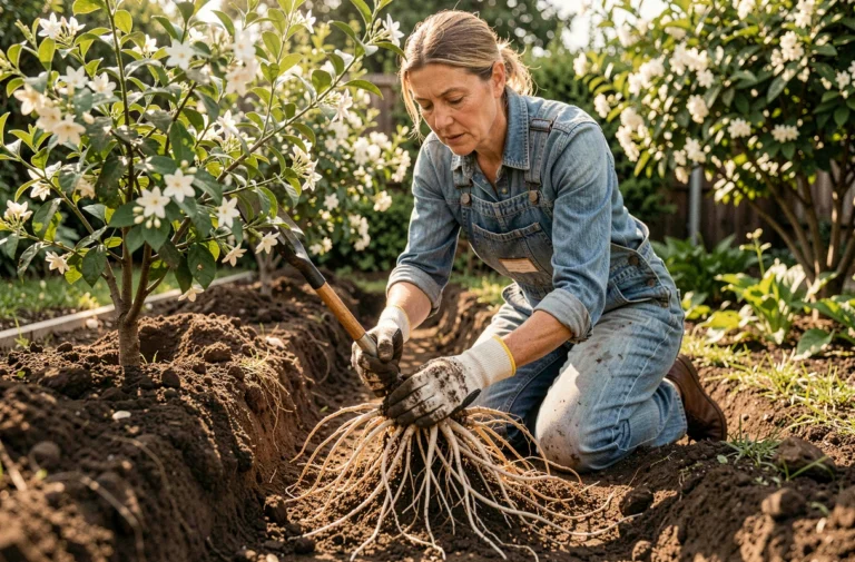 Jardinière qui déterrage les racines profondes d'un jasmin dans un jardin en pleine terre