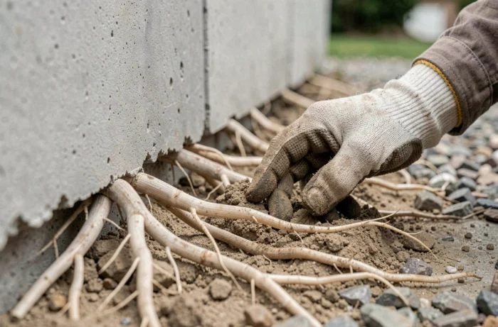 Système racinaire d'un laurier rose exposé au pied d'un mur en béton, montrant la croissance latérale des racines près des fondations