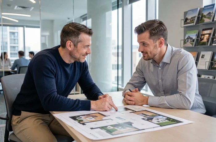 Homme en réunion avec un agent immobilier consultant un plan de bien dans une agence moderne
