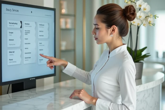 Réceptionniste d'un salon de beauté présentant le plan de navigation des soins sur un écran digital