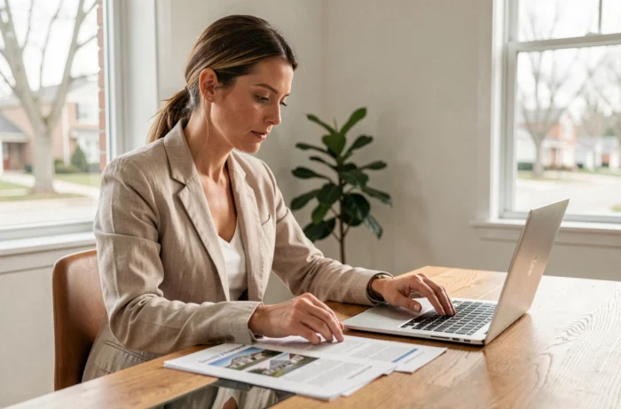 Femme consultant des annonces immobilières sur ordinateur portable dans un bureau à domicile moderne