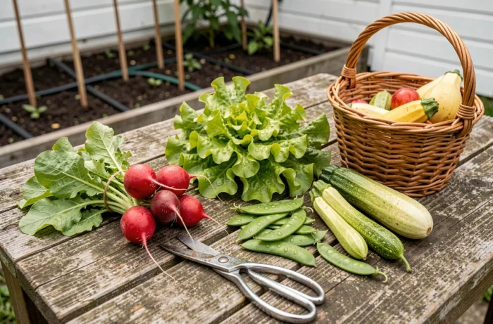 Récolte de légumes frais du potager posés sur une table en bois rustique avec un panier en osier