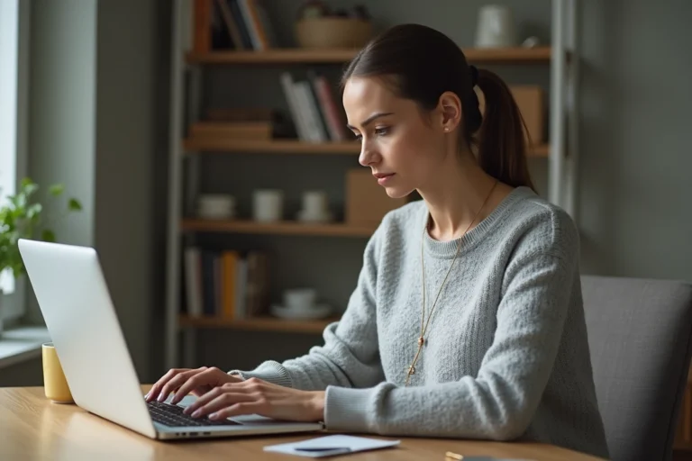 Femme en pull gris récupérant son compte MyPeopleDoc sur un ordinateur portable à son bureau à domicile