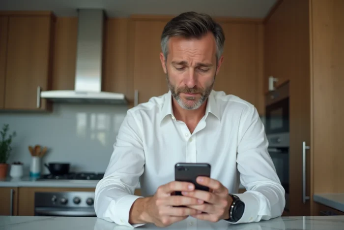 Homme d'âge moyen réinitialisant son mot de passe MyPeopleDoc sur smartphone dans une cuisine moderne