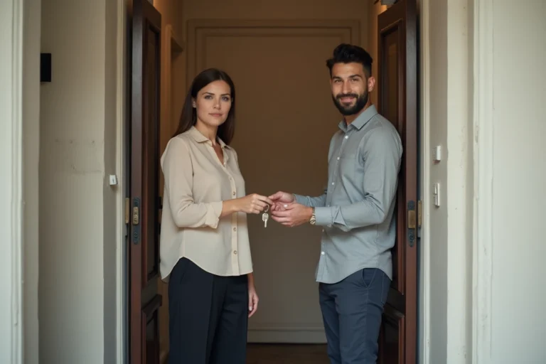 Remise des clés entre une locataire et un propriétaire dans le couloir d'un appartement à la fin du bail