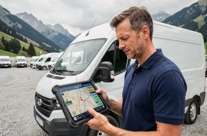 Responsable de flotte consultant une application de suivi GPS sur tablette devant des véhicules d'entreprise à Veynes