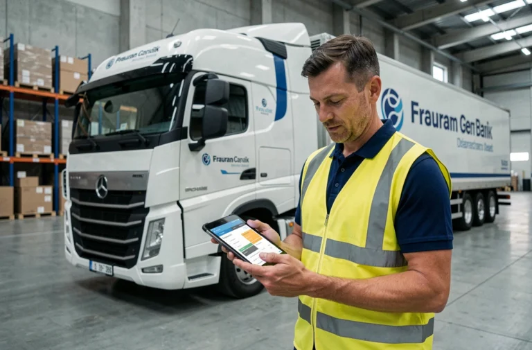 Responsable logistique français examinant des données de transport innovantes dans un entrepôt moderne en 2024