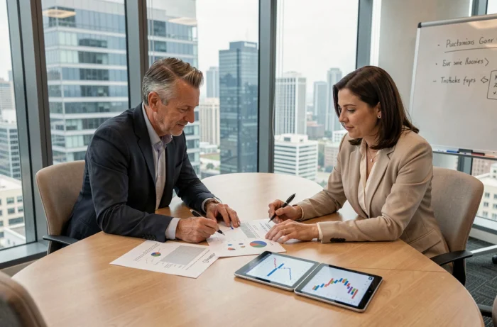 Deux professionnels en salle de réunion collaborant sur des rapports financiers et des graphiques de performance d'investissement avec vue sur la ville