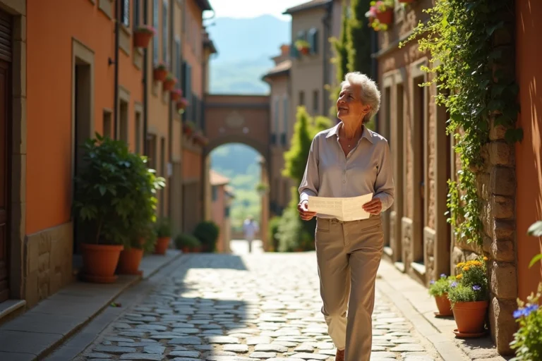 Femme se promenant dans une rue pavée médiévale d'Alba en Piémont, Italie, entourée de bâtiments en pierre ocre et de volets en bois