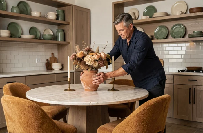 Homme arrangeant une table à manger en marbre travertin avec chaises bouclé caramel et déco en céramique artisanale, tendances décoration salle à manger cuisine ouverte
