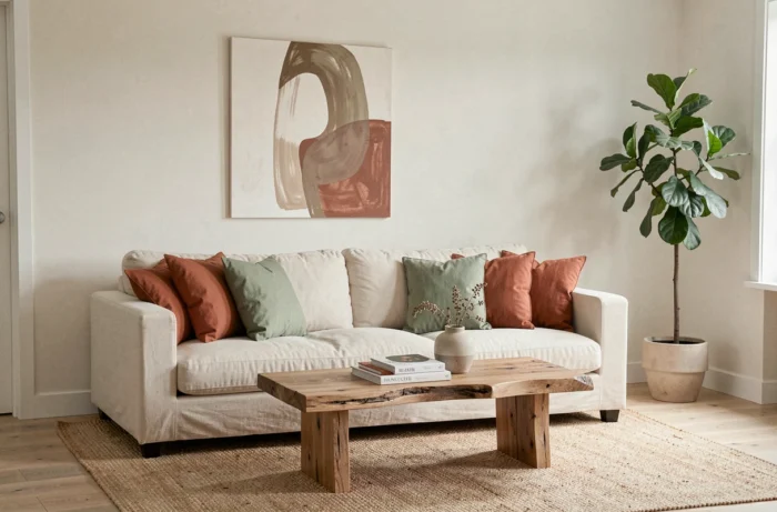 Salon minimaliste scandinave décoré avec des coussins terracotta et vert sauge sur un canapé en lin crème, table basse en chêne brut et plante verte, tendances déco intérieur 2024