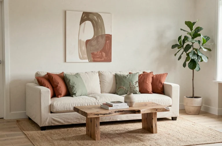 Salon minimaliste scandinave décoré avec des coussins terracotta et vert sauge sur un canapé en lin crème, table basse en chêne brut et plante verte, tendances déco intérieur 2024