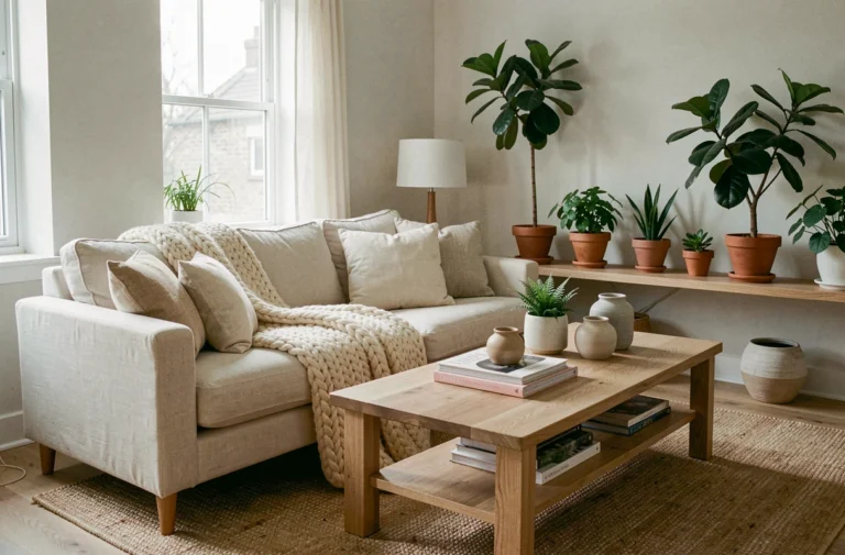 Salon moderne et bien décoré avec canapé en lin crème, table basse en bois et plantes d'intérieur pour un intérieur tendance