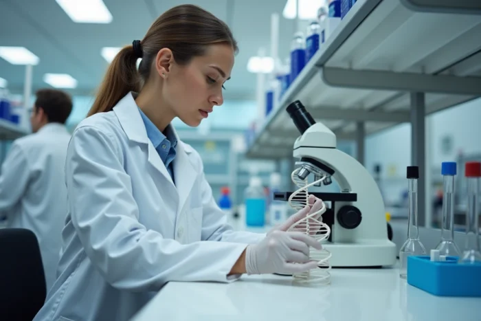 Scientifique étudiant un modèle d'ADN en laboratoire, représentant la génétique et l'hérédité dans la conception des jumeaux