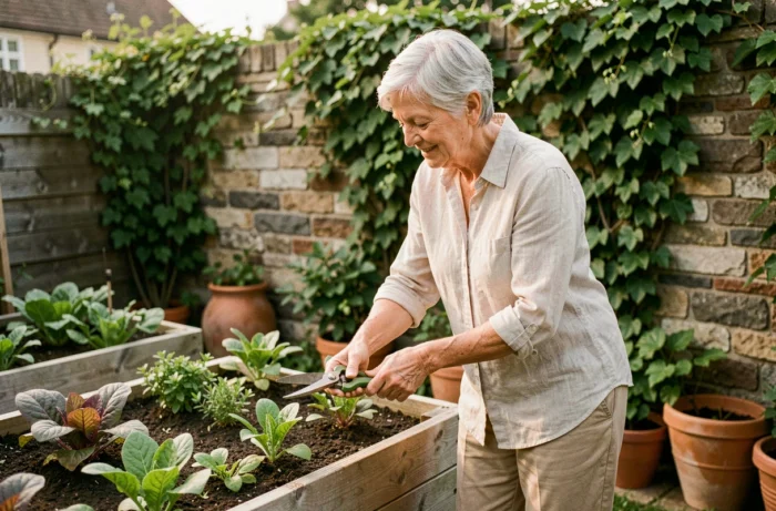 Femme senior active jardant dans son potager avec soin et sérénité, activité épanouissante pour la retraite