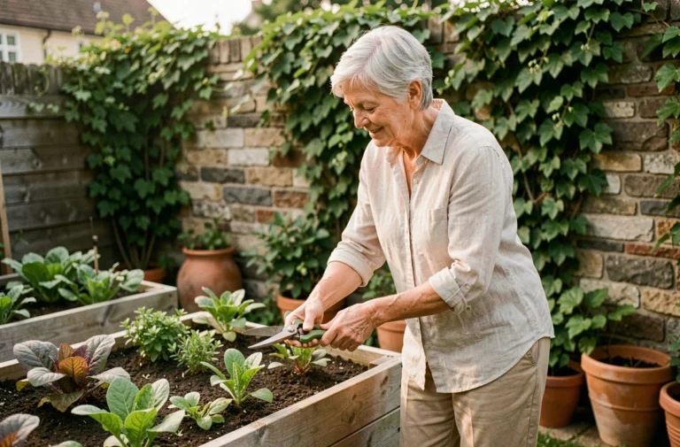 Femme senior active jardant dans son potager avec soin et sérénité, activité épanouissante pour la retraite