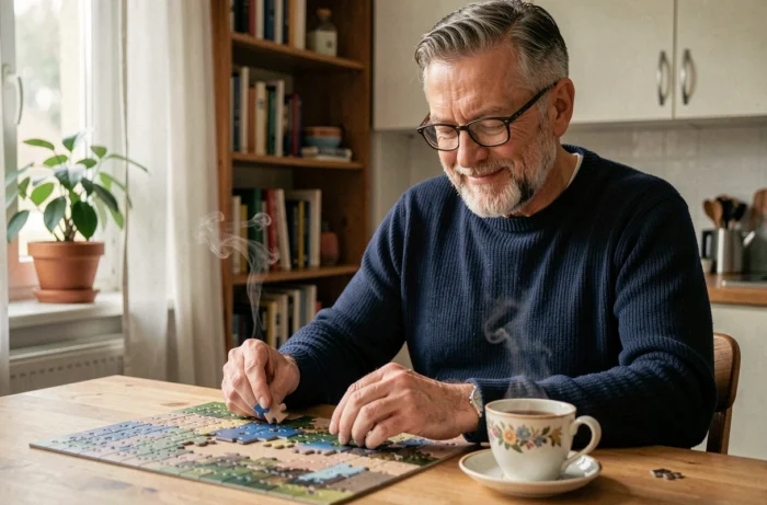 Senior homme concentré sur un puzzle à la maison avec une tasse de thé, activité stimulante et relaxante pour les retraités