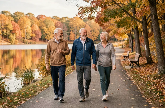 Groupe de seniors actifs se promenant ensemble au bord d'un lac en automne, symbole de retraite dynamique et sociale