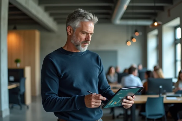 Consultant indépendant en portage salarial utilisant une tablette pour simuler son salaire net dans un espace de coworking