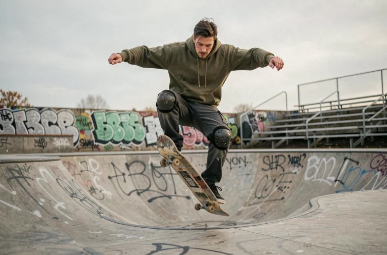 Skateur masculin en train d'exécuter un kickflip dans un skate park urbain en béton graffité, tendances sports extrêmes
