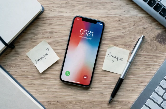 Vue de dessus d'un smartphone sur un bureau affichant un appel entrant avec l'indicatif 0031 et une note manuscrite indiquant arnaque