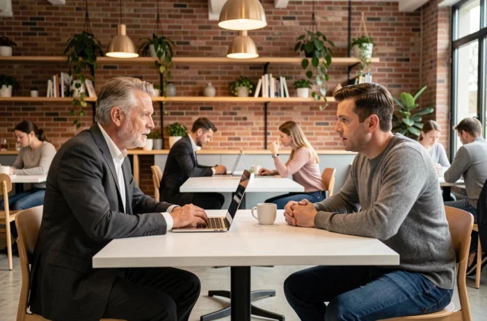 Deux professionnels discutant de stratégie B2B autour d'un ordinateur portable dans un espace de coworking