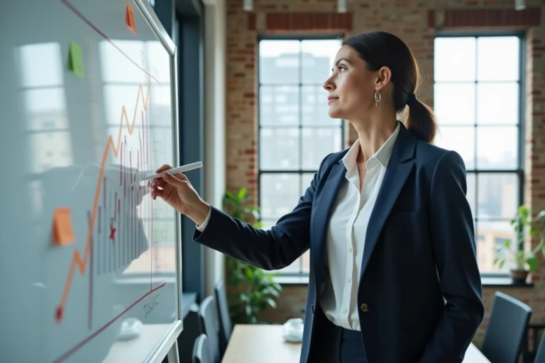 Femme d'affaires présentant une stratégie de croissance d'entreprise sur un tableau blanc dans un bureau moderne