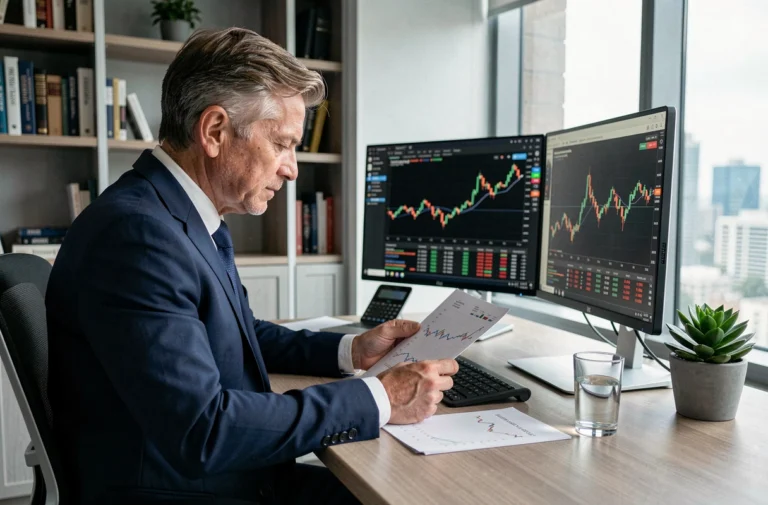 Homme d'affaires en costume marine analysant des graphiques financiers et des documents d'investissement sur un bureau moderne avec double écran