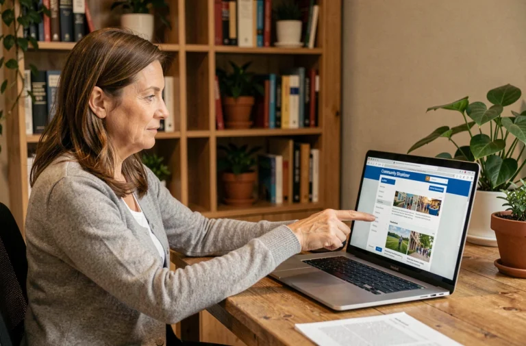 Femme consultant la structure d'un site de communauté locale sur un ordinateur portable dans un bureau à domicile