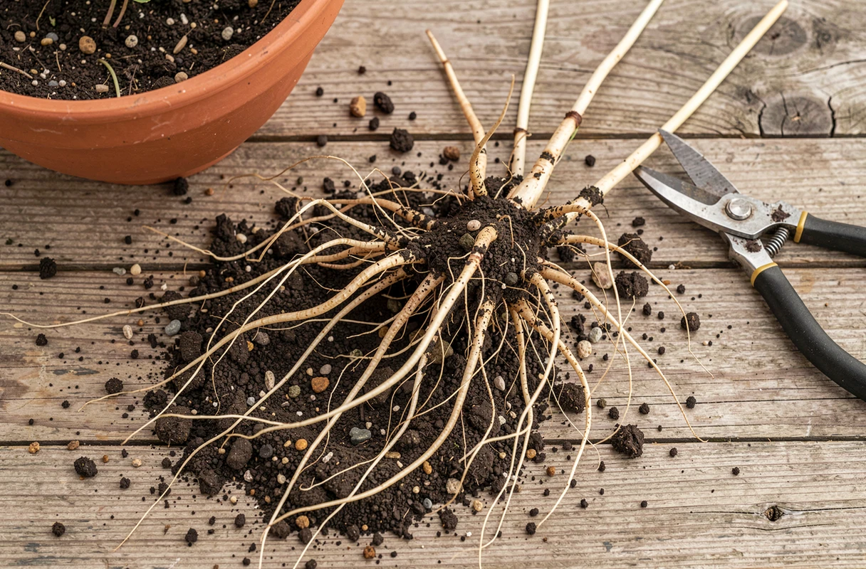 Système racinaire de jasmin extrait du sol posé sur un établi de jardinage en bois