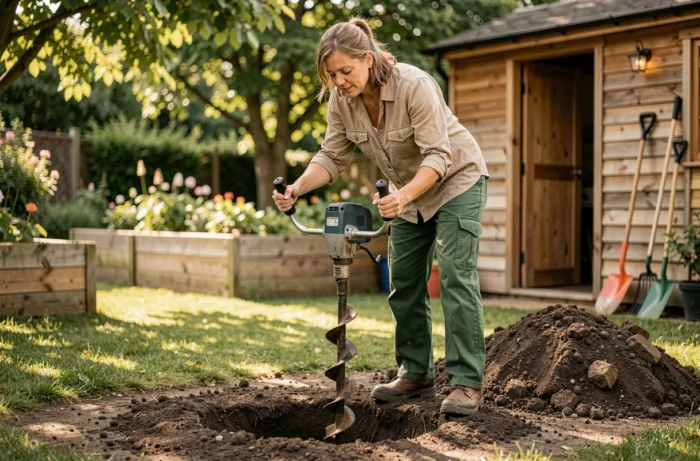 Femme utilisant une tarière électrique compacte pour creuser des trous dans le jardin résidentiel