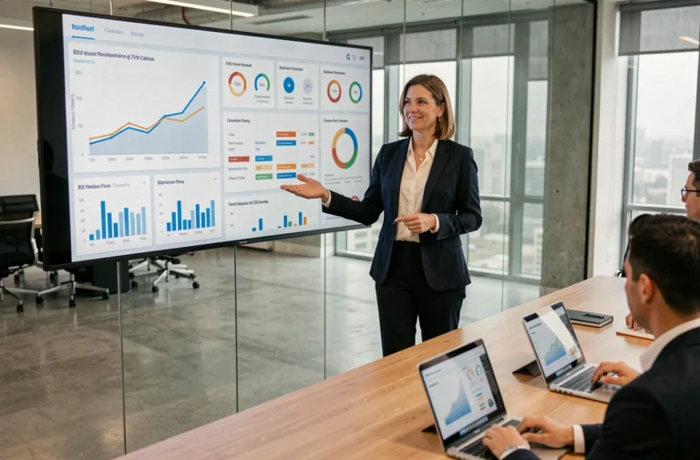 Femme professionnelle présentant des tendances B2B sur un écran numérique dans une salle de réunion moderne