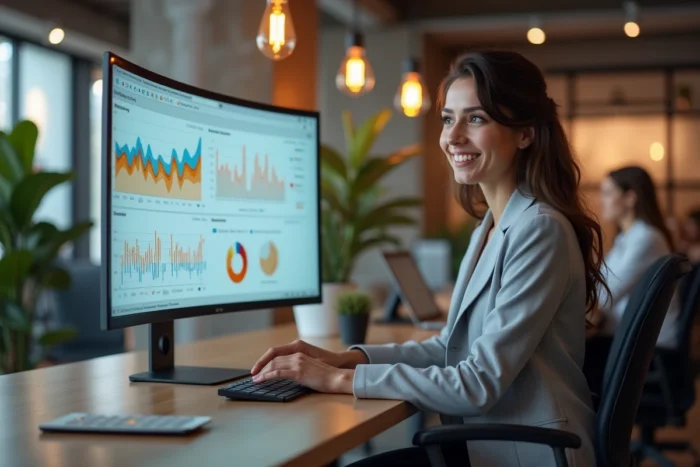 Une femme professionnelle analysant des tendances digitales sur un écran incurvé dans un espace de co-working moderne