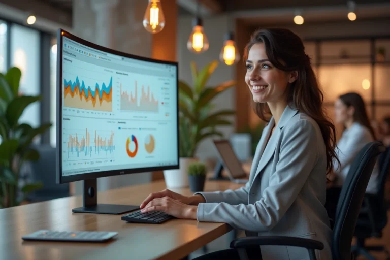 Une femme professionnelle analysant des tendances digitales sur un écran incurvé dans un espace de co-working moderne