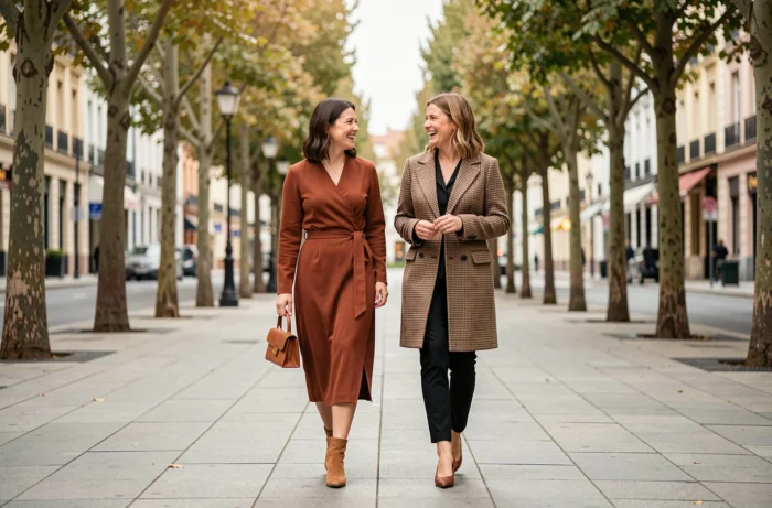 Deux femmes élégantes en tenues tendance automne se promenant sur un boulevard urbain arboré, looks mode midi dress et manteau à carreaux