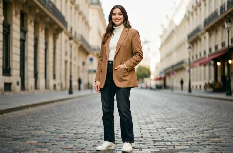 Jeune femme tendance portant un blazer camel oversize et un jean droit dans une rue pavée de Paris, look mode automne-hiver stylé