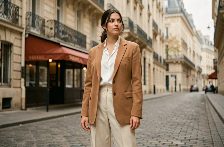 Femme élégante portant un blazer camel oversize et un pantalon large crème dans une rue pavée parisienne, tendances mode automne
