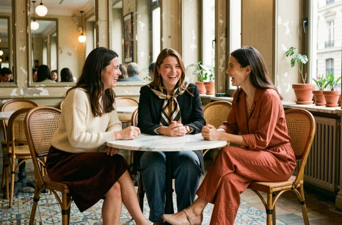 Trois femmes aux styles mode variés réunies dans un café parisien tendance, portant les pièces phares de la saison automne-hiver