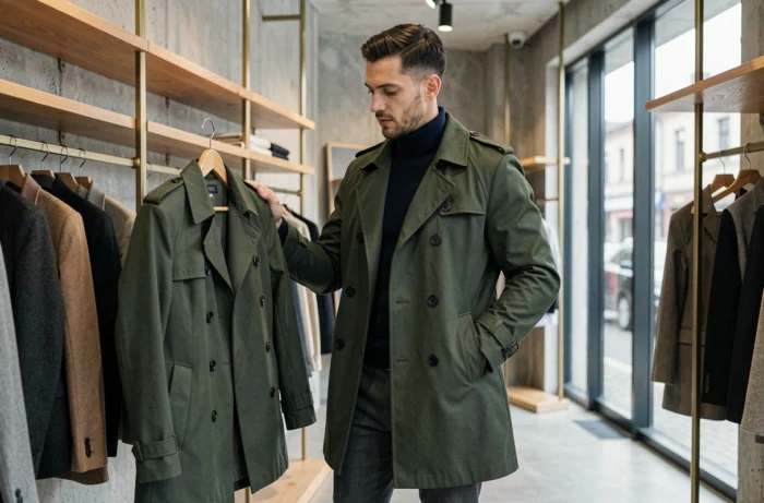 Homme en manteau trench vert forêt et col roulé marine explorant les nouvelles collections dans une boutique de mode minimaliste