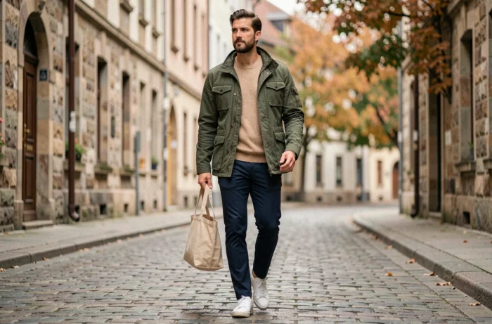 Homme stylé en veste utilitaire verte et pull en maille marchant dans une rue pavée européenne en automne
