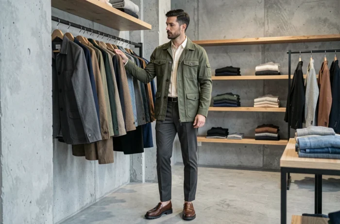 Homme élégant en veste utilitaire kaki et pantalon fuselé dans une boutique mode minimaliste, tendances vestimentaires masculines de saison
