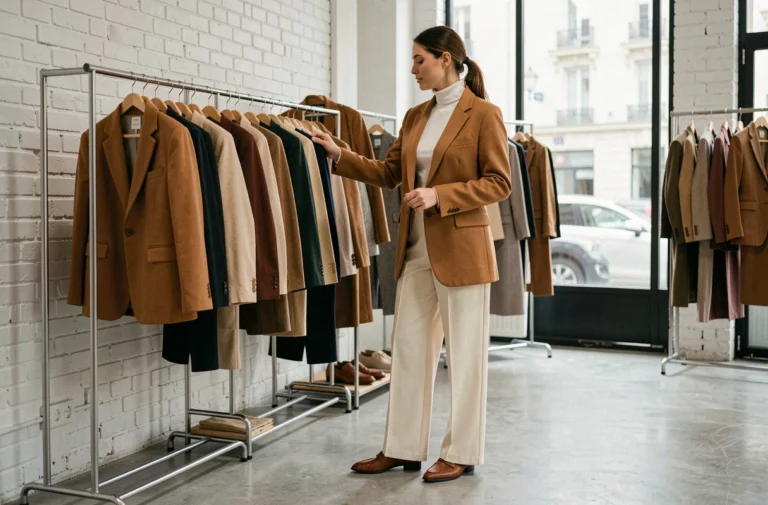 Femme tendance portant un blazer camel oversize et un pantalon large crème dans une boutique parisienne minimaliste