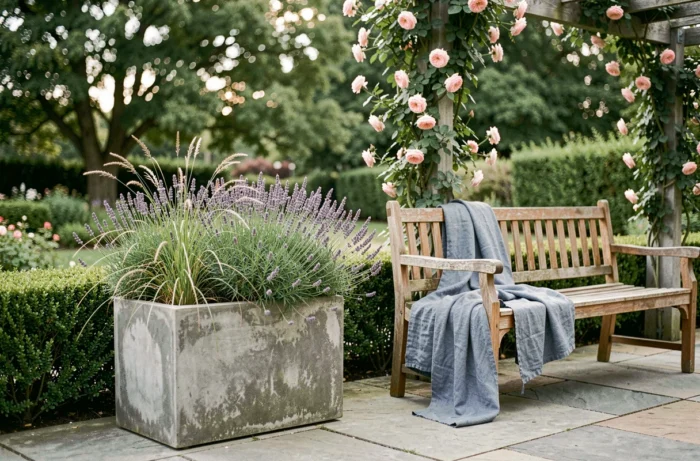 Terrasse de jardin moderne avec jardinière en béton, lavande, banc en teck et plaid en lin bleu pour une déco extérieure tendance
