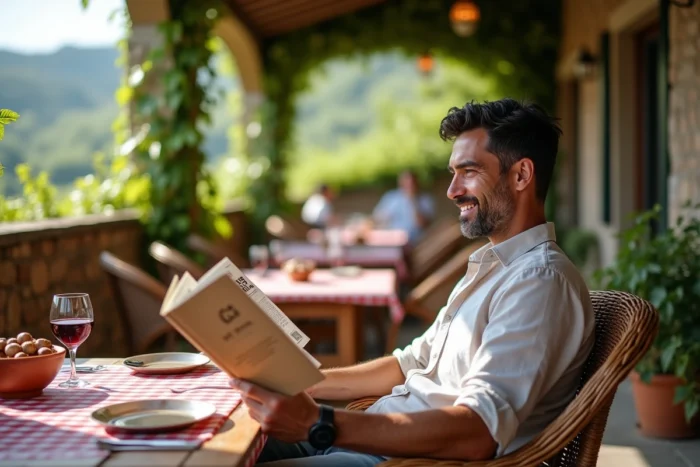 Homme se relaxant en terrasse d'une trattoria rustique dans les Langhe près de Pietra d'Alba, avec un verre de Barolo et un guide de voyage