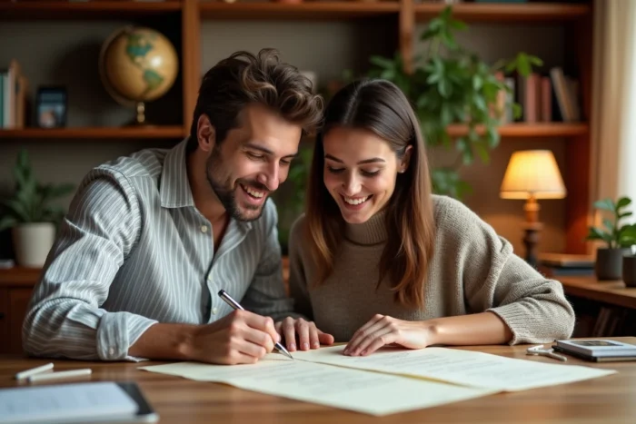 Couple écrivant ensemble une lettre romantique à quatre mains à un bureau en bois entouré de livres