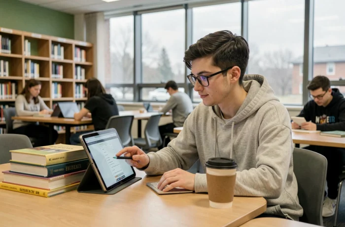 Étudiant consultant sa messagerie académique de Nantes sur une tablette dans une bibliothèque universitaire