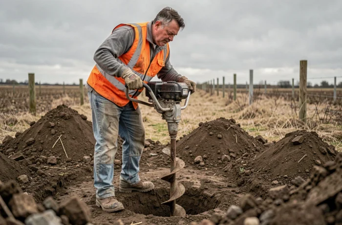 Ouvrier utilisant une tarière professionnelle à moteur pour percer le sol argileux sur un chantier extérieur