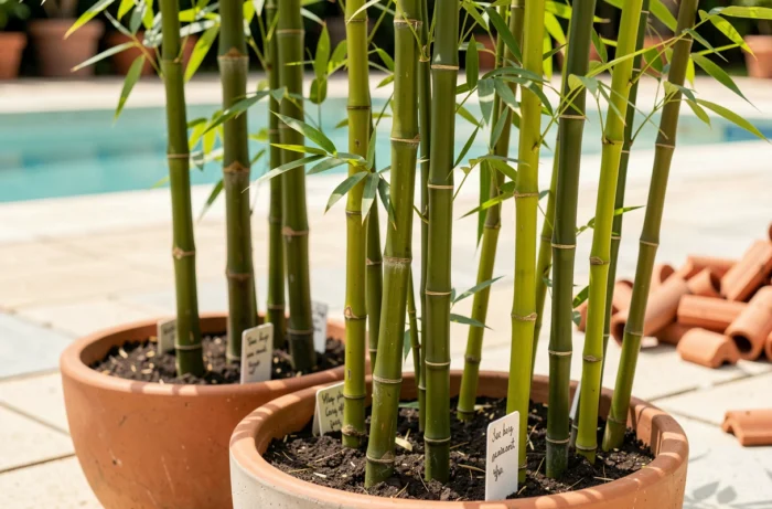 Comparaison de différentes variétés de bambou en pot au bord d'une piscine extérieure avec étiquettes botaniques