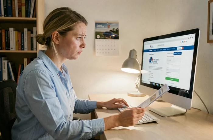 Femme consultant le site officiel pour vérifier le résultat de son permis de conduire en retard